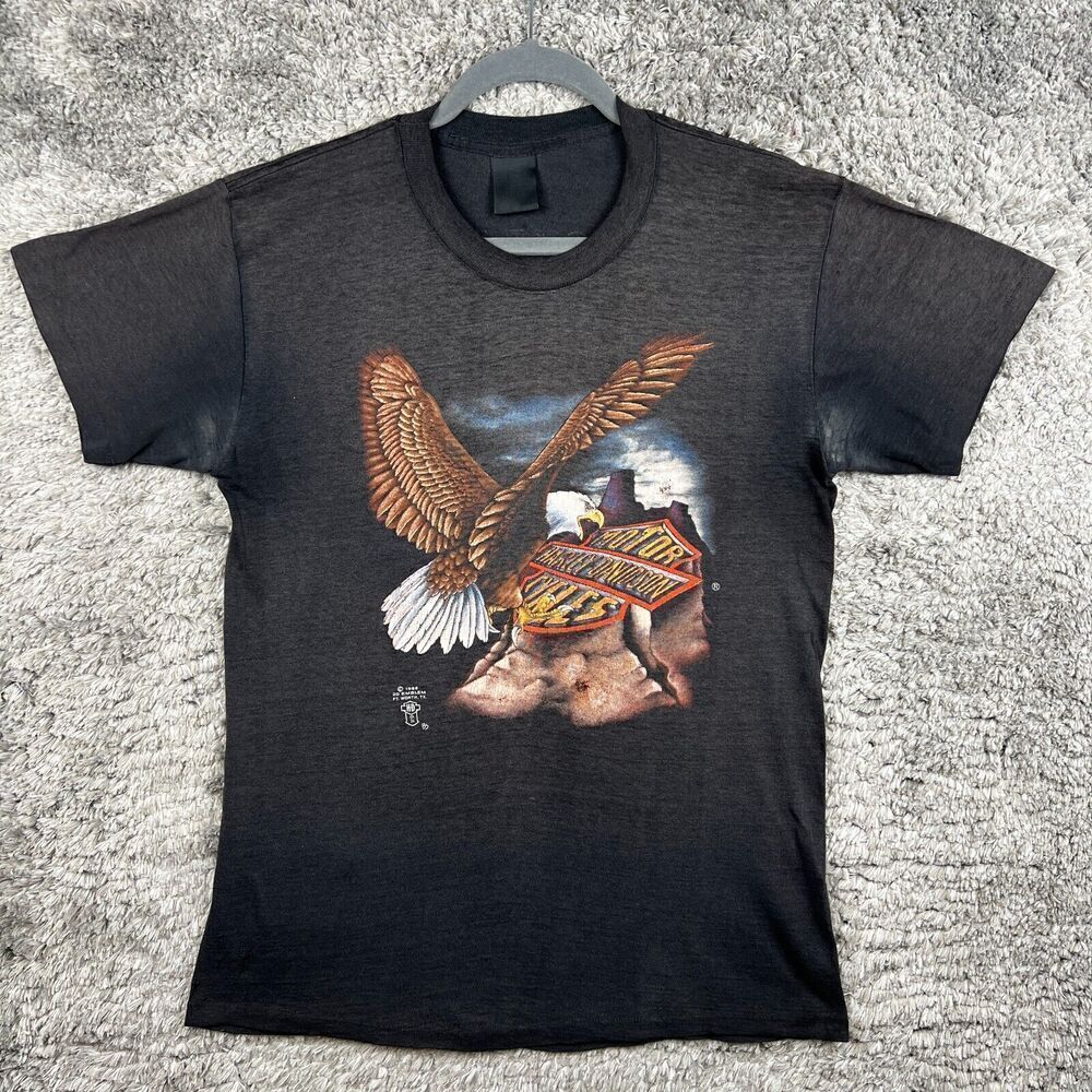 Vintage Harley Davidson 3D Emblem Shirt Bald Eagle Large 1986 Roanoke *READ*